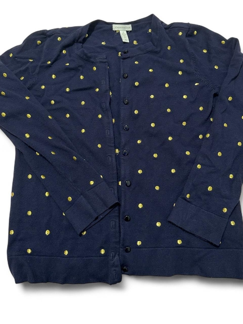 Charter Club Navy Cardigan with Yellow Polka Dots